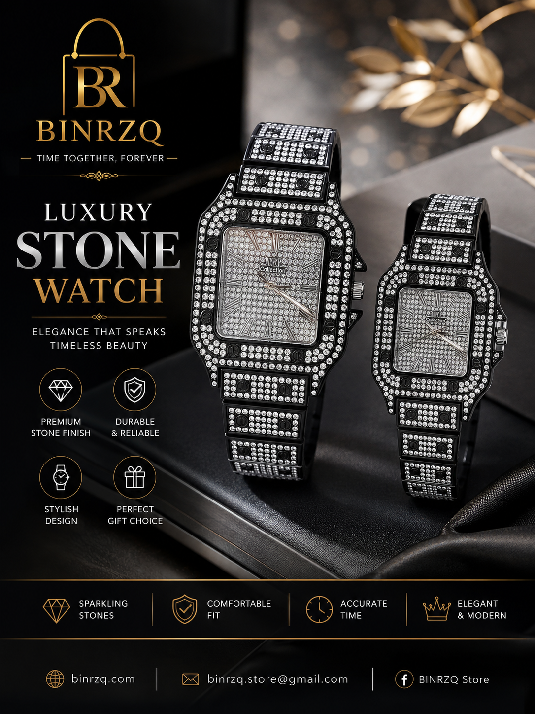 Luxury Black & Silver Crystal Watch for Women