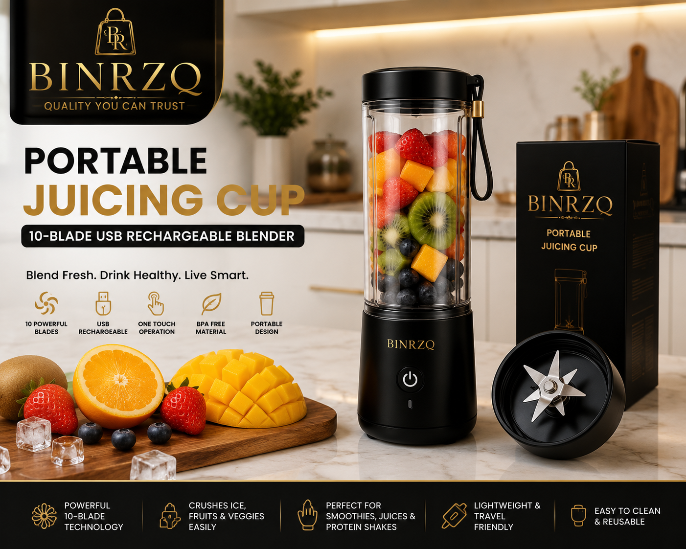 Portable Juicing Cup 10 Blades USB Rechargeable Mini Blender | BINRZQ