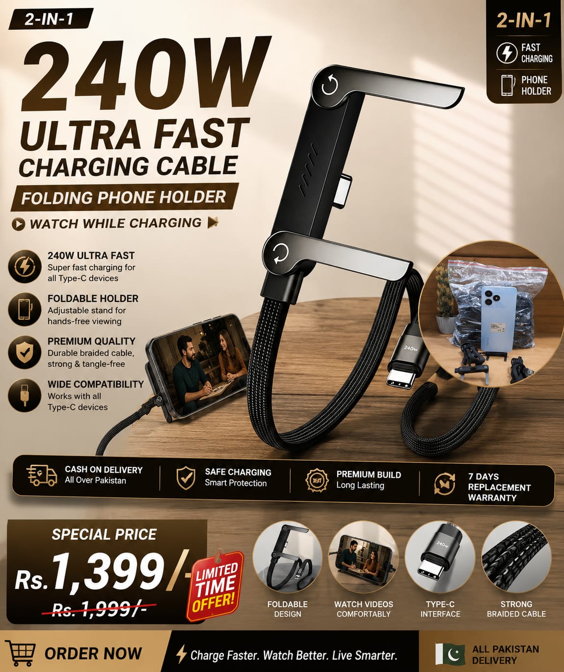 2-in-1 USB-C Fast Charging Cable with Foldable Phone Stand (240W)